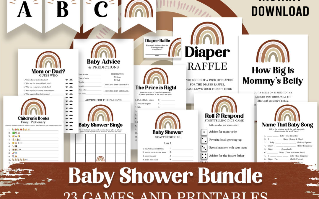 Boho Rainbow Theme Ultimate Baby Shower Bundle With 23 Printable Shower Signs, Games, Activities, and Custom Banner