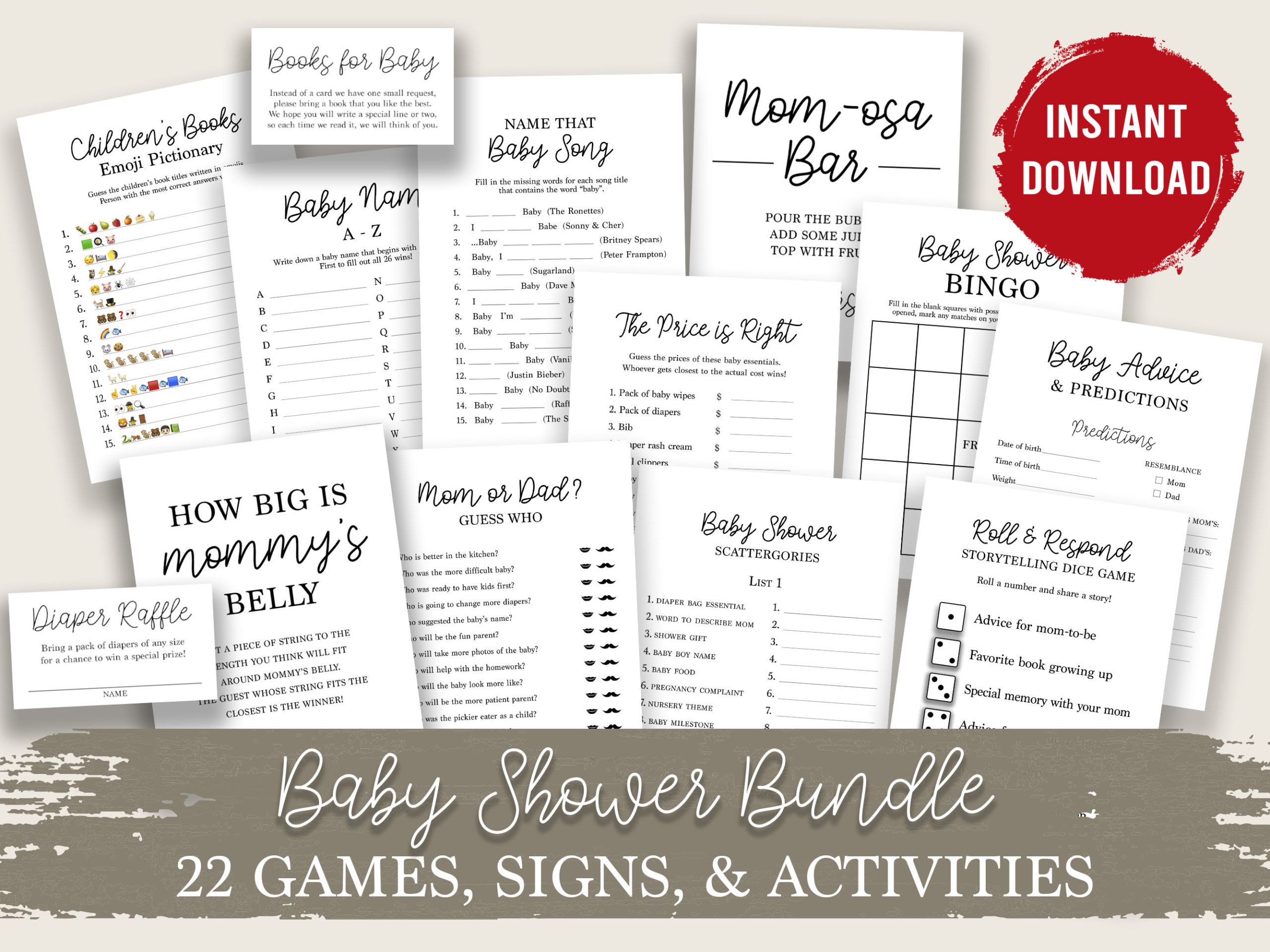 Ultimate Baby Shower Bundle! 22 Downloadable Shower Signs, Games, and Activities